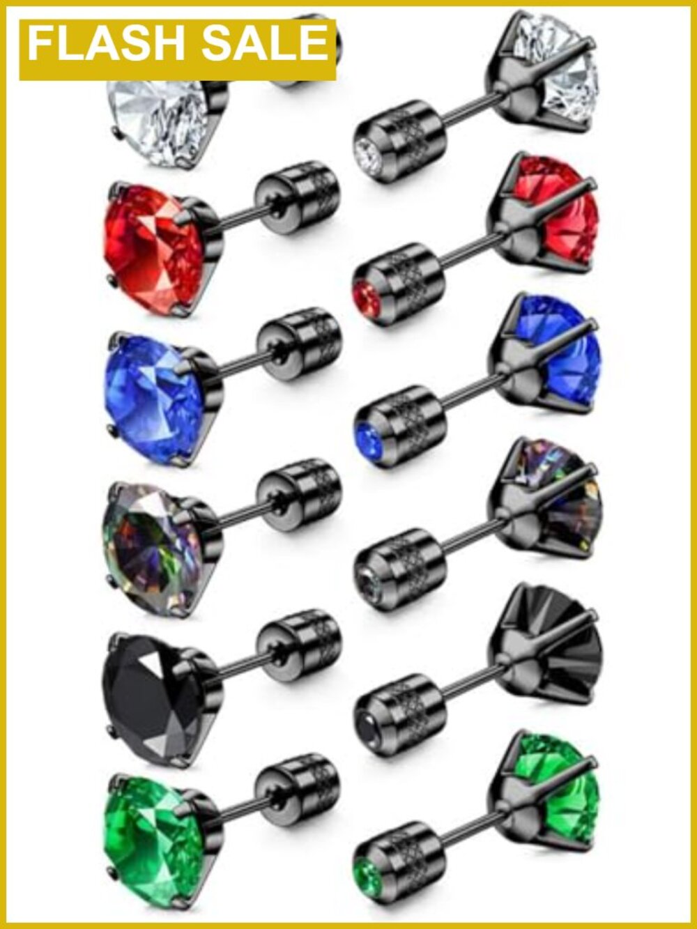 6 Pairs Titanium Screw Back Stud Earrings Surgical Stainless Steel Cubic